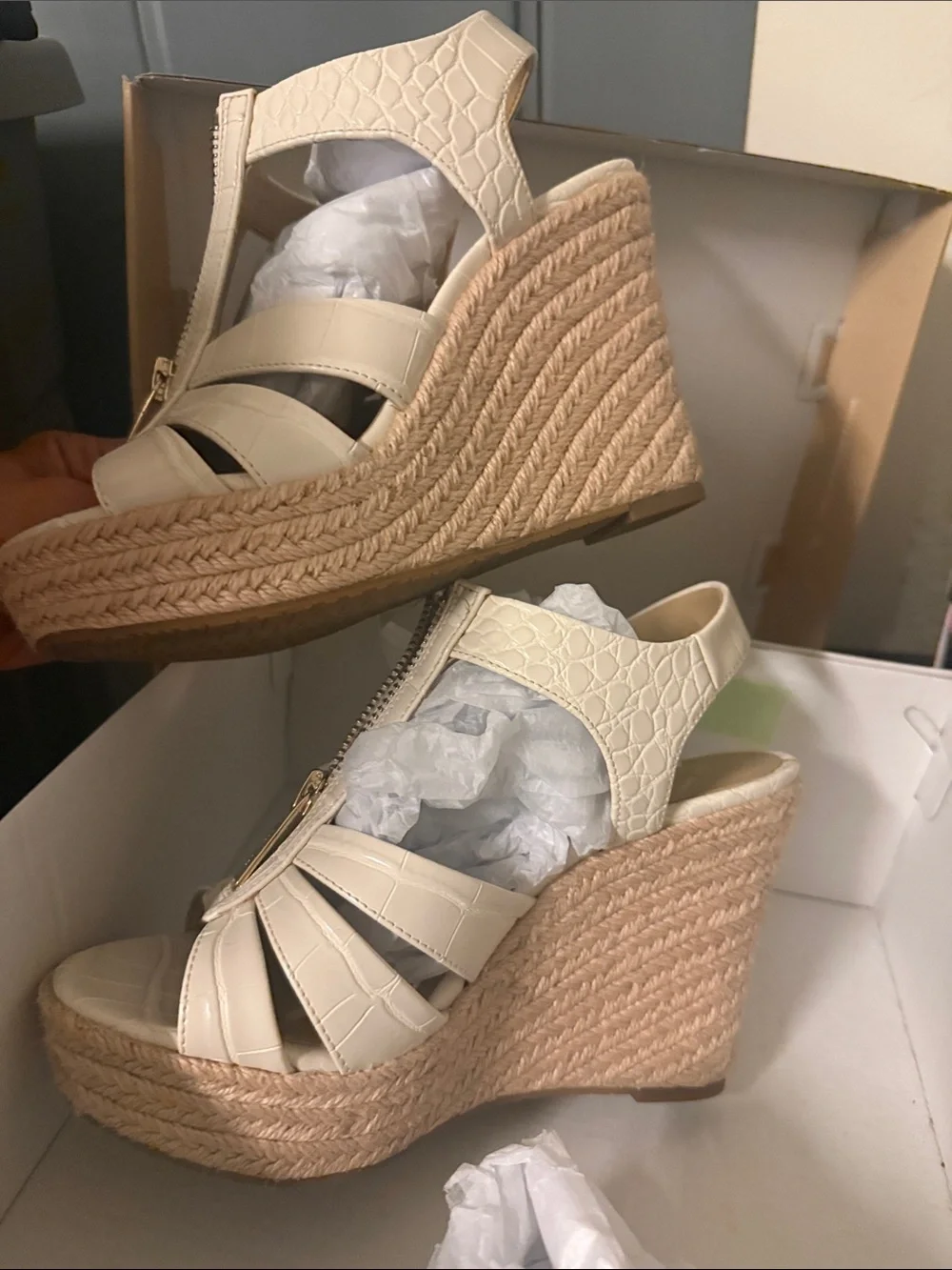 MICHAEL Michael Kors Croc-Embossed Cream Espadrille Wedge Sandal